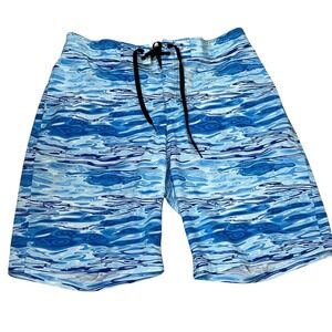 Hreski Mens Blue Water Ripple Print Board Shorts Sz 38 XL Swim Trunks Mesh Liner